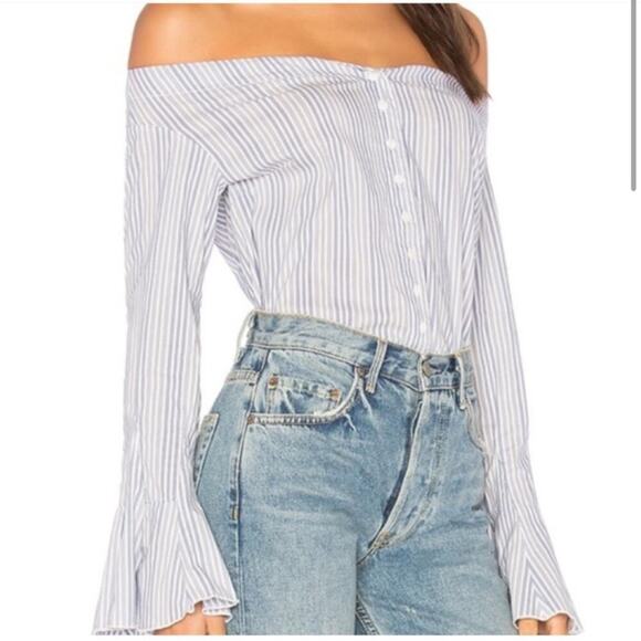 Free People March to the Beat Off the Shoulder Striped Flare Sleeve Top Medium - Picture 3 of 10